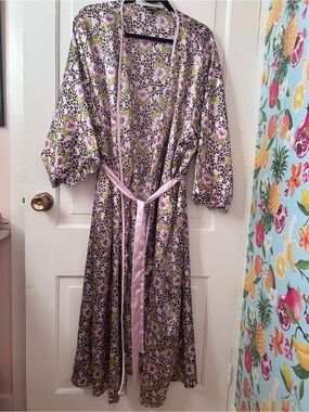 George Plus Size 3X Satin Long Kimono Robe - Floral Leopard Print